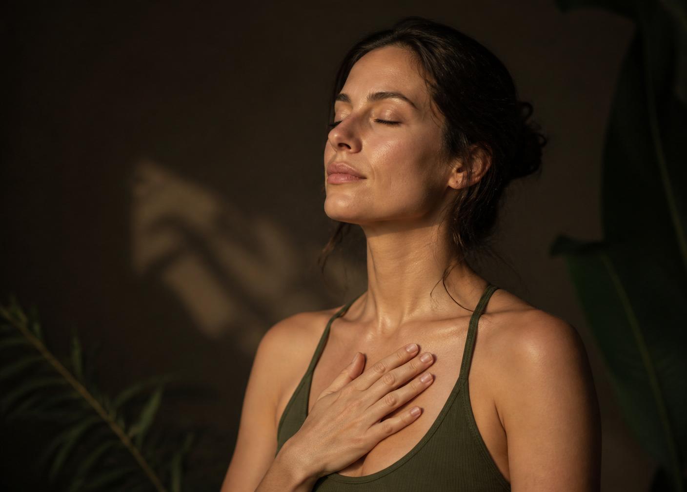 Mulher serena com a mão sobre o peito respirando